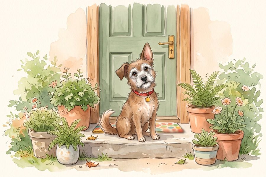 Lulu, a scruffy old dog with one floppy ear, sits on the front steps