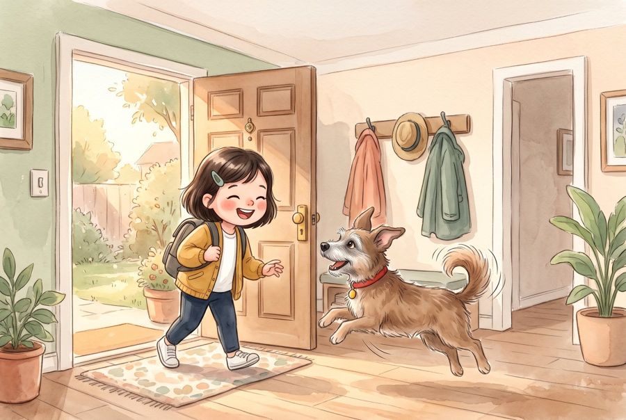 Mia comes home from school and Lulu jumps to greet her